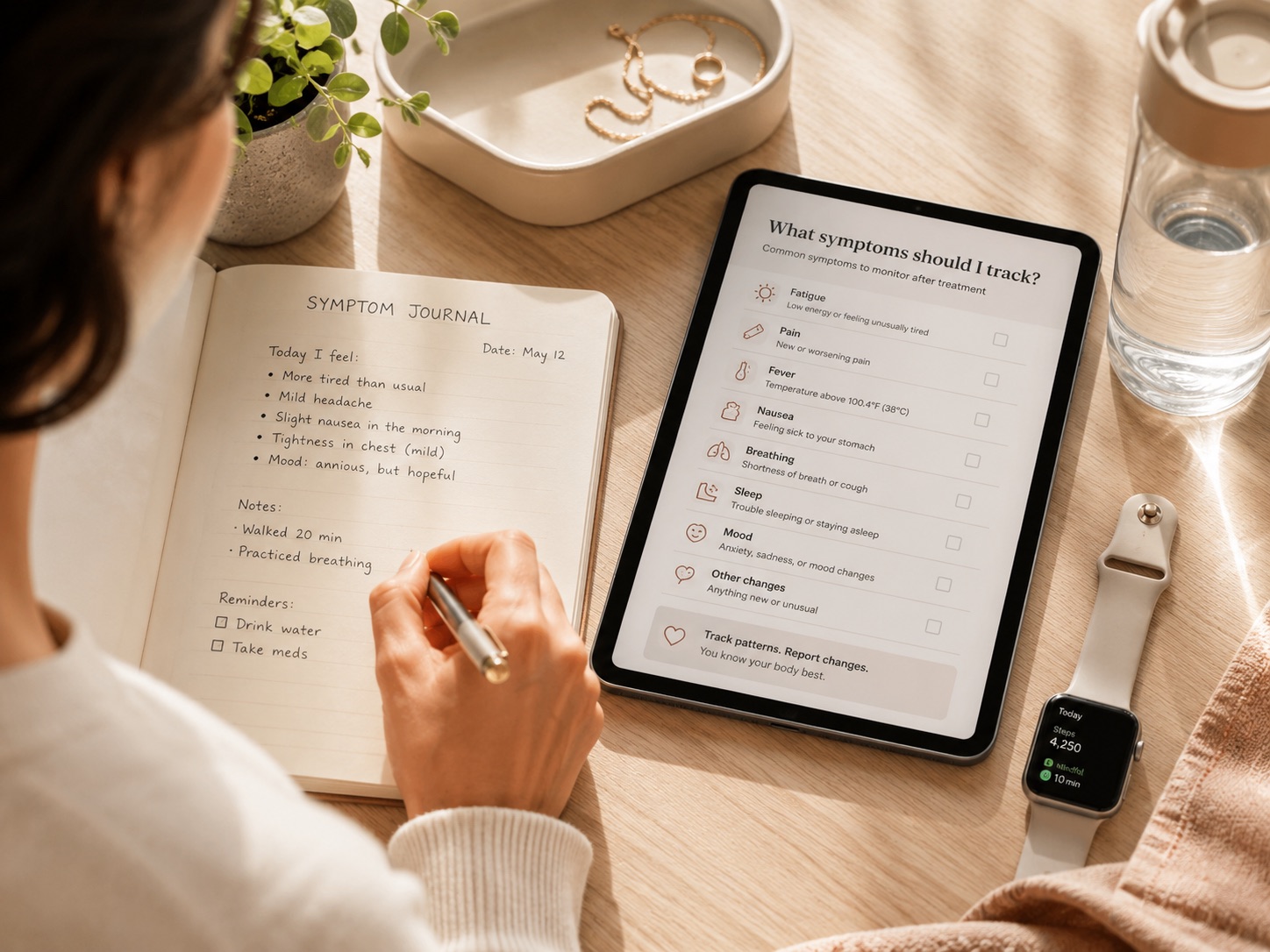What symptoms should I track after cancer treatment?