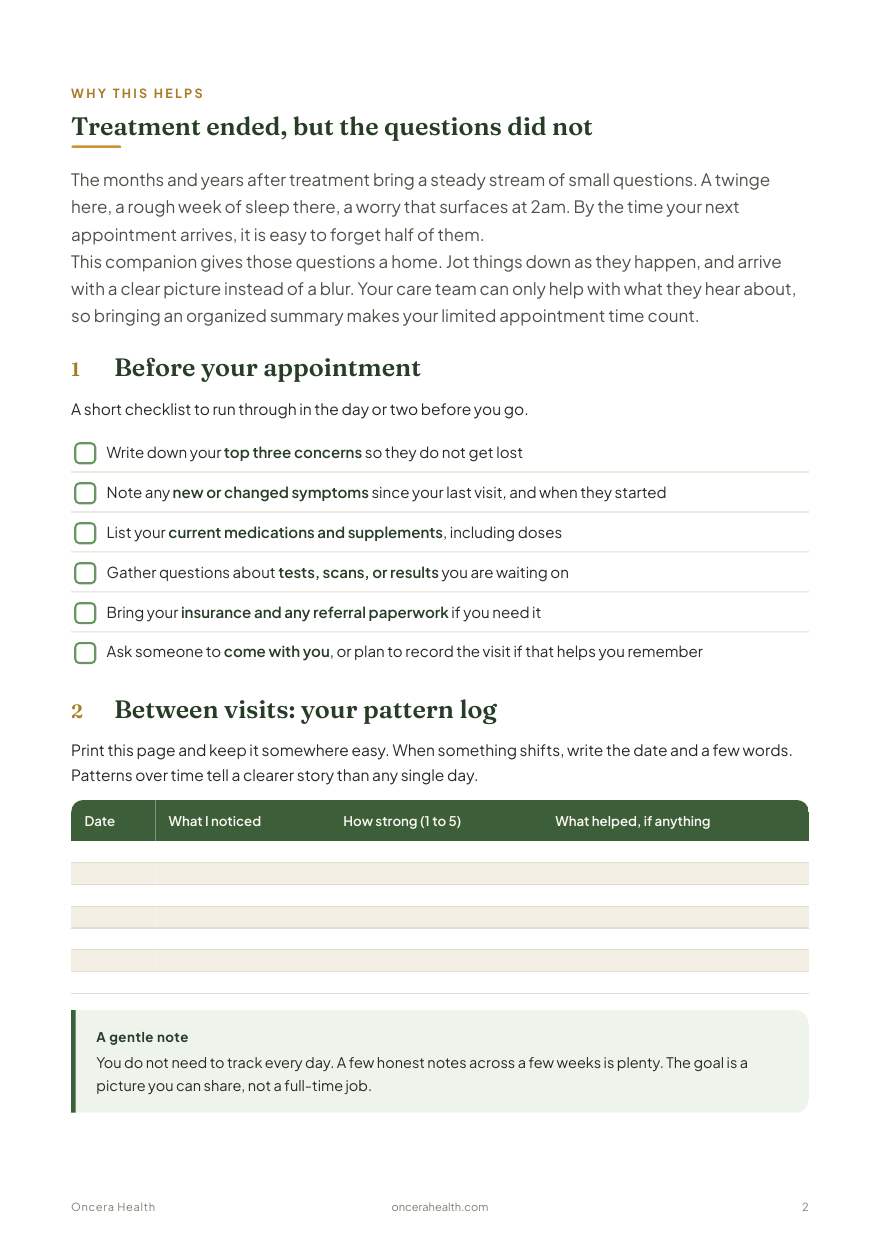 An interior page of the Free cancer appointment prep checklist guide