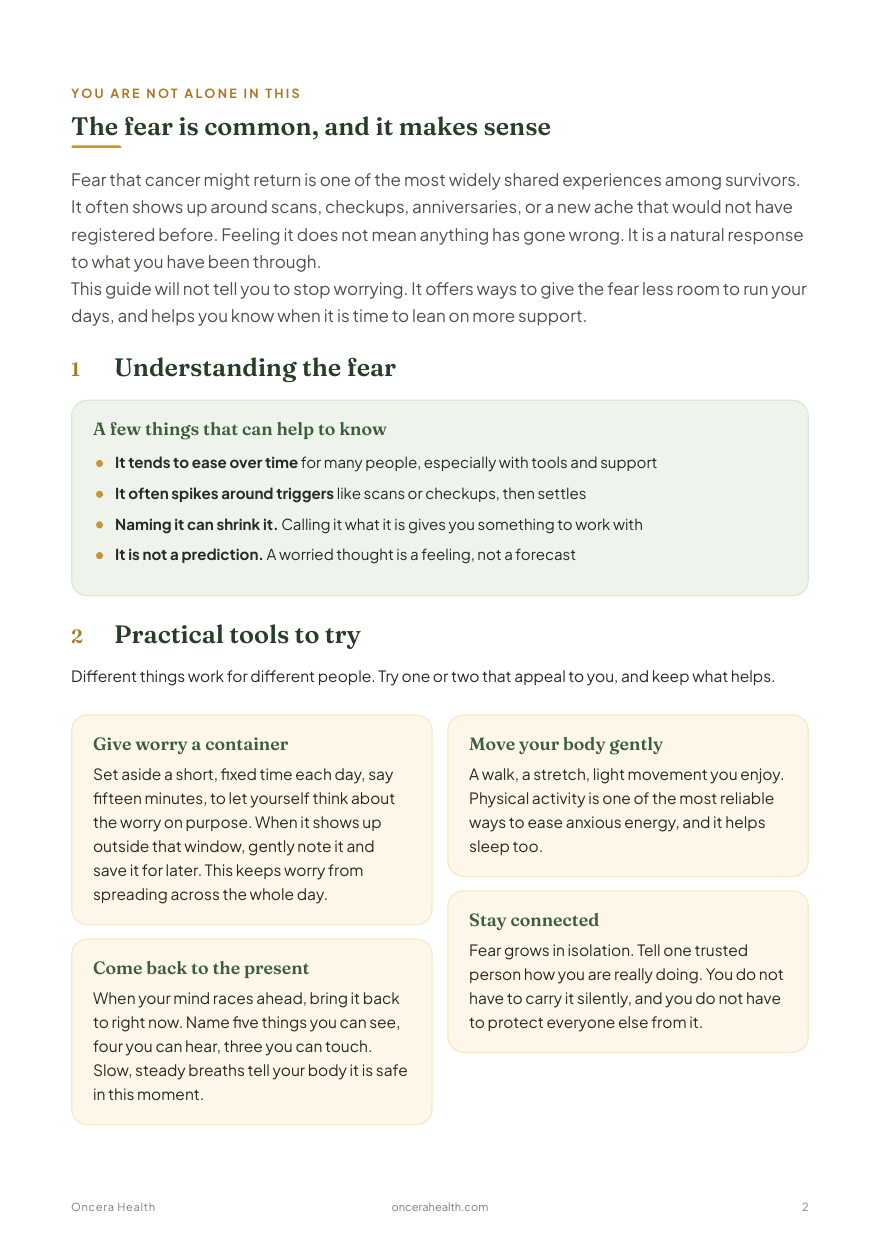 An interior page of the Living with the fear of recurrence guide