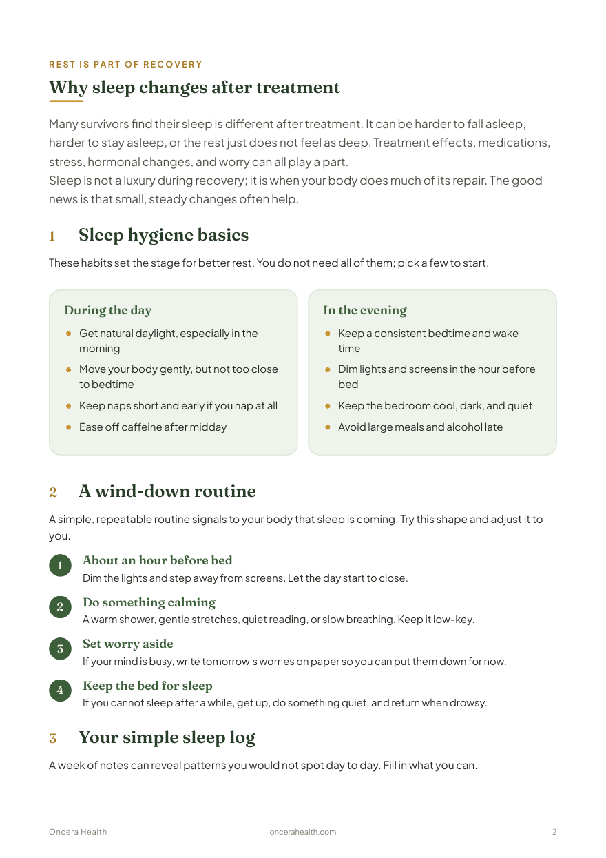An interior page of the Free sleep guide after cancer treatment guide