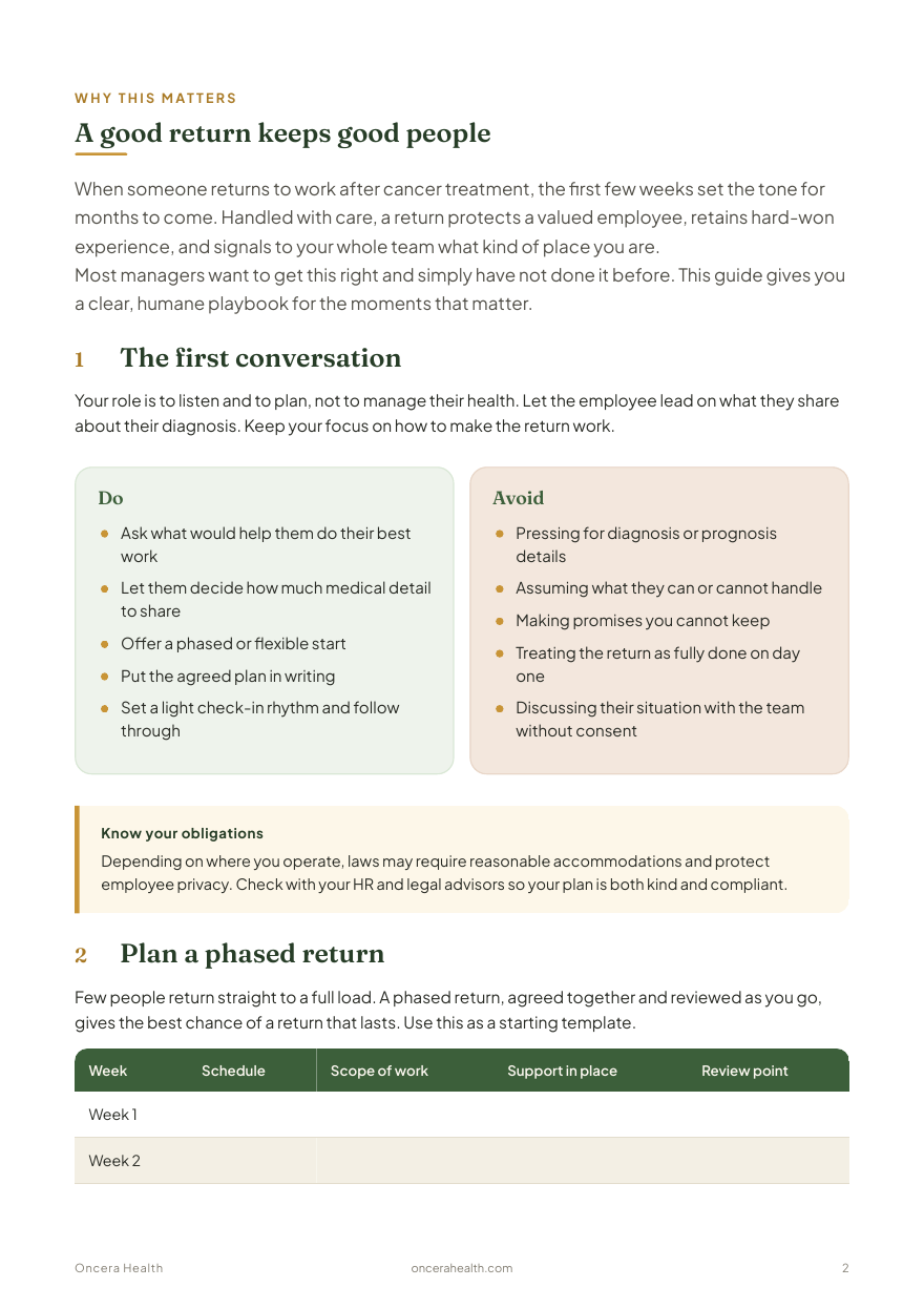 An interior page of the Support an employee returning after cancer guide