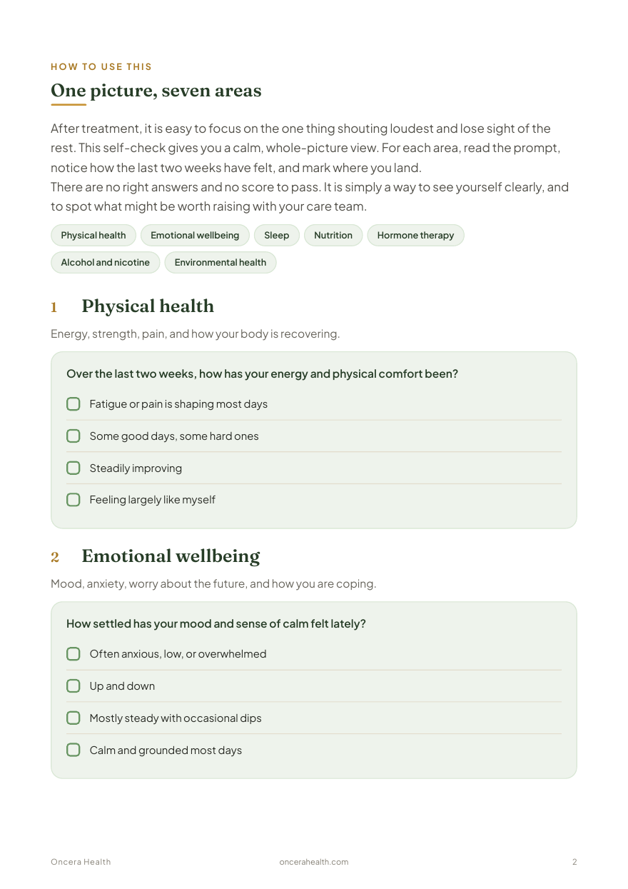 An interior page of the Free survivorship self-check guide