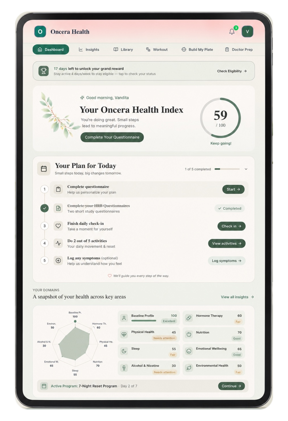 Oncera on a tablet, your survivorship health index and daily plan