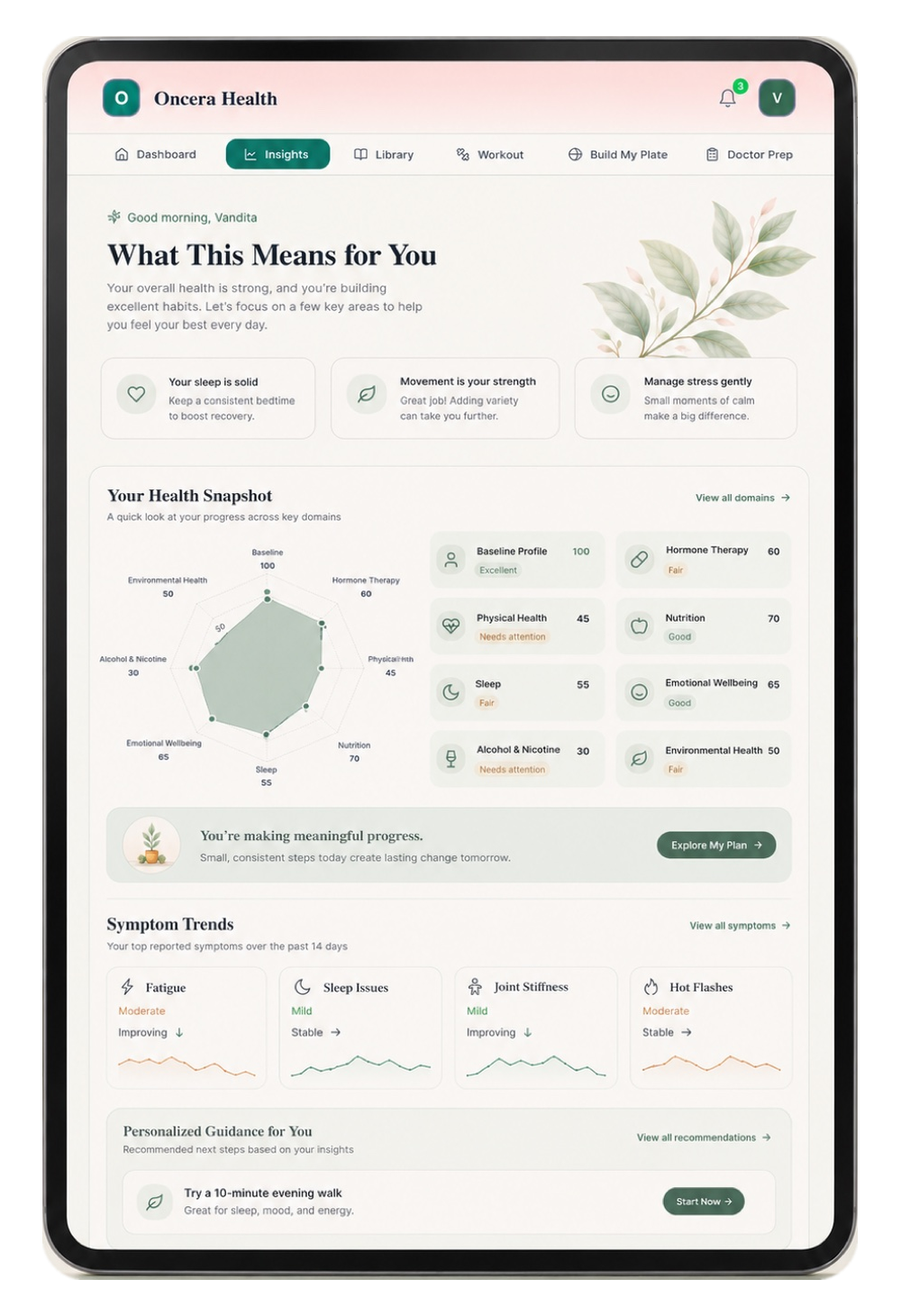 Oncera on a tablet, insights and your health snapshot