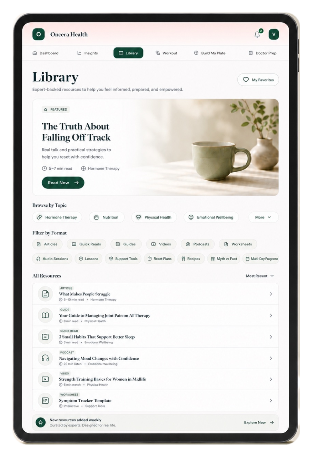 Oncera on a tablet, the health library of expert resources