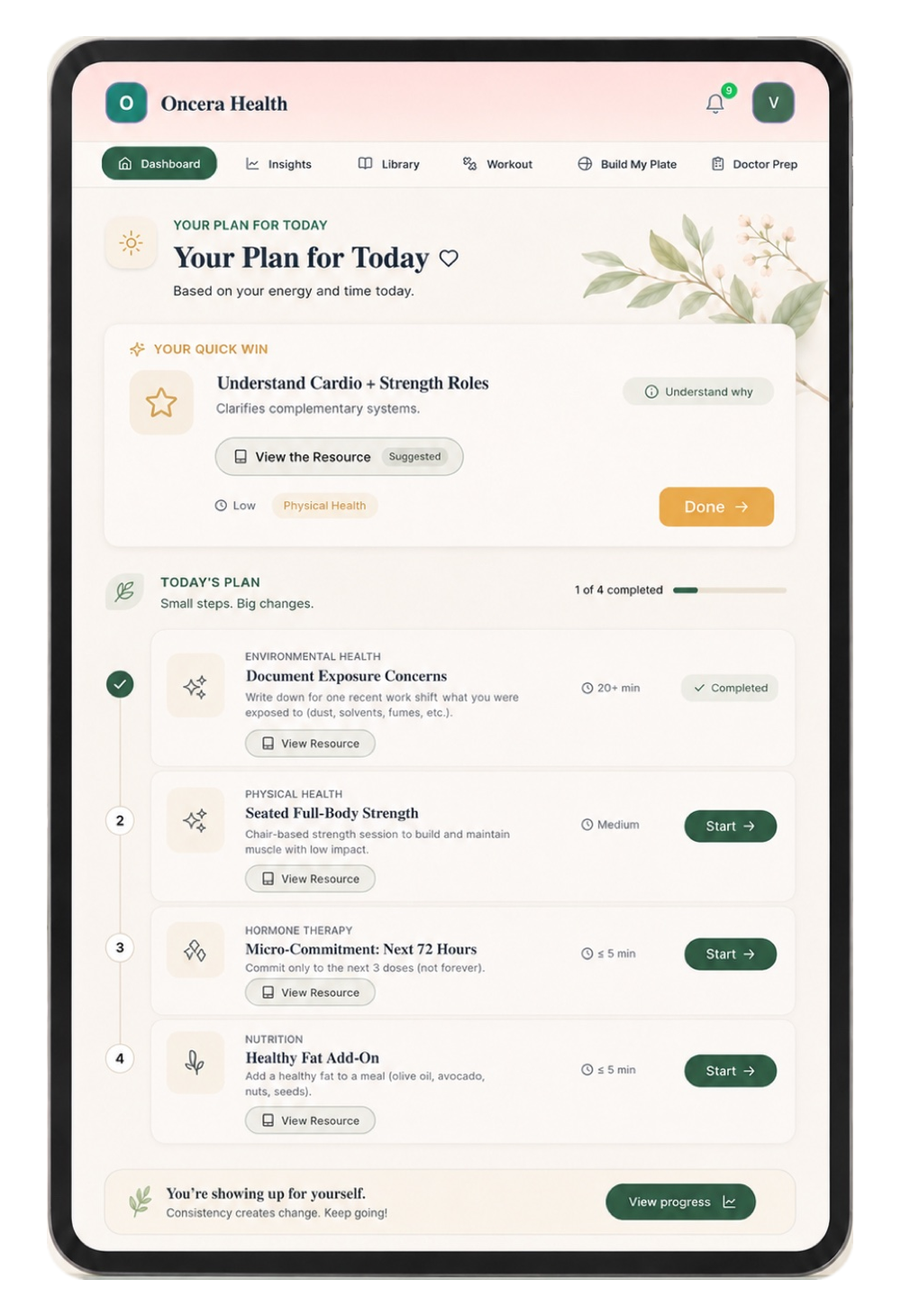 Oncera on a tablet, your personalized plan for today
