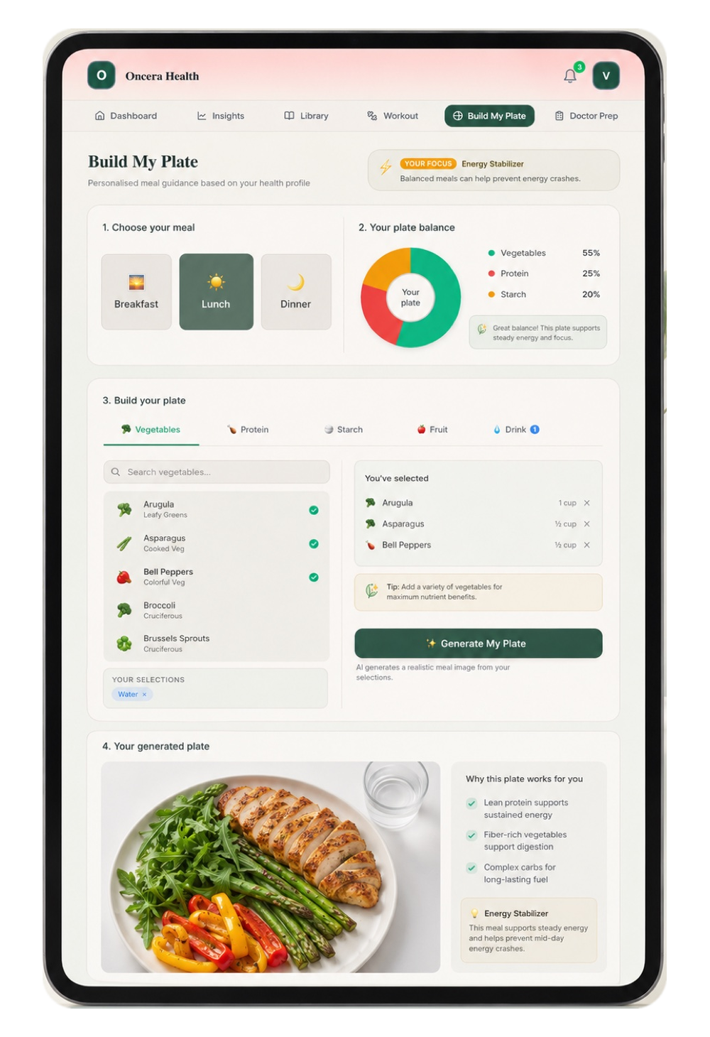 Oncera on a tablet, Build My Plate meal guidance