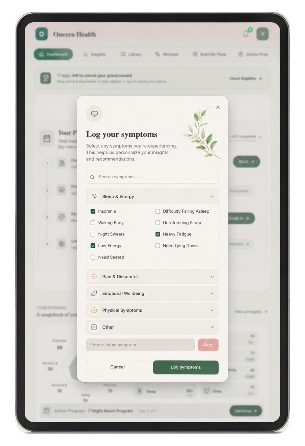 Oncera on a tablet, logging your symptoms
