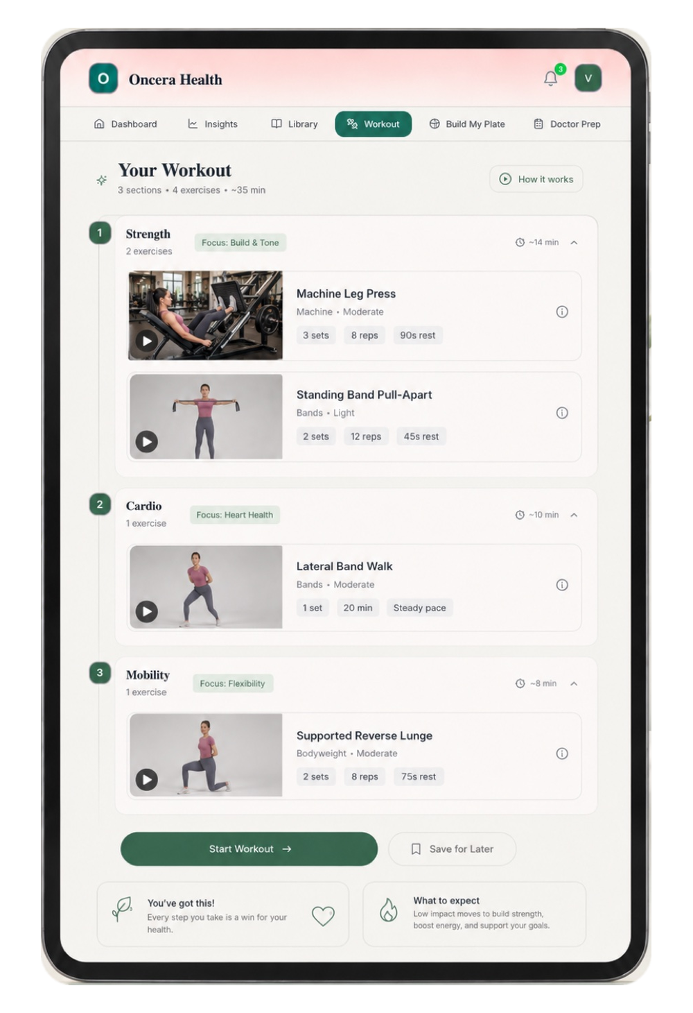 Oncera on a tablet, your personalized workout